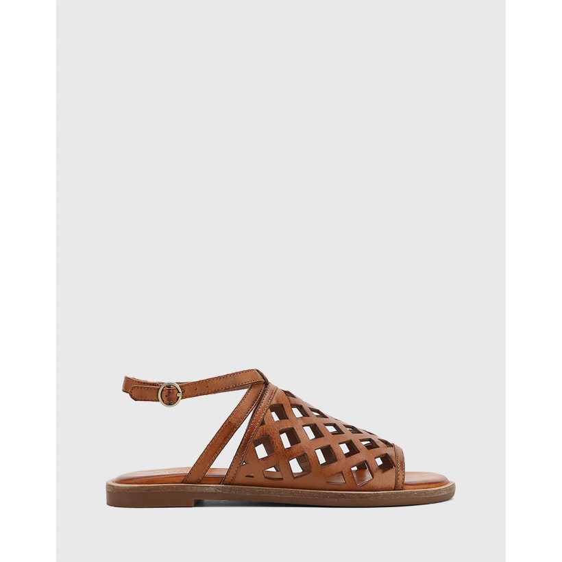 Cross Leather Laser Cut Ankle Strap Sandals Tan by Wittner