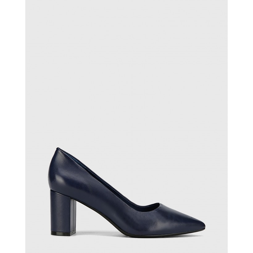 Dalena Leather Pointed Toe Block Heels Navy by Wittner