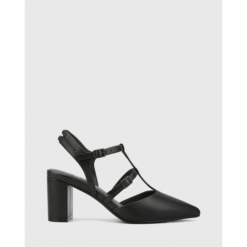 Davor Leather Pointed Toe Block Heels Black by Wittner