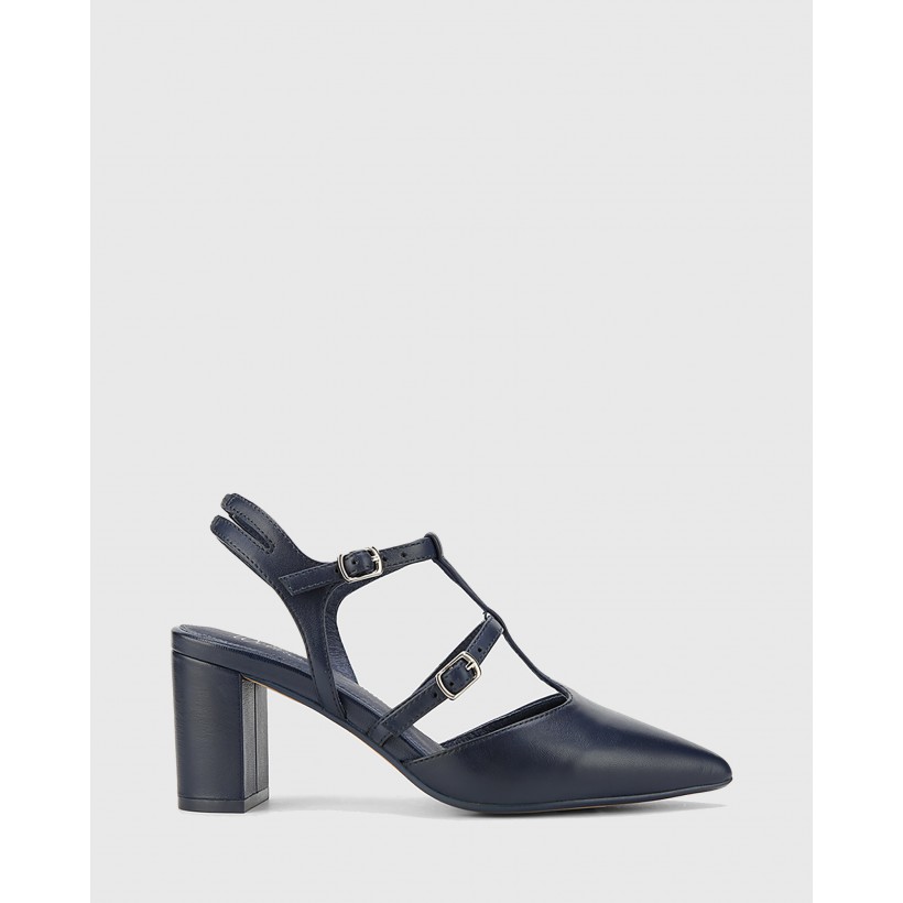Davor Leather Pointed Toe Block Heels Navy by Wittner
