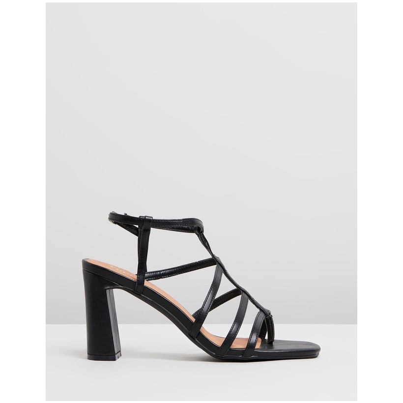 Farrah Strappy Toe Post Heels Black Smooth by Rubi