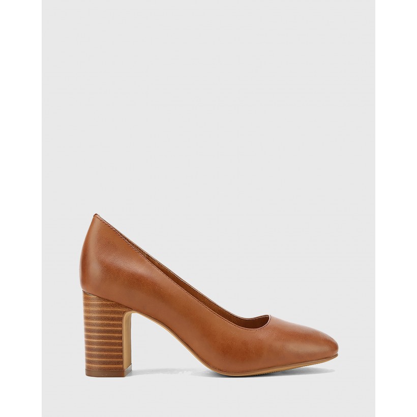 Gale Leather Square Toe Block Heels Brown by Wittner