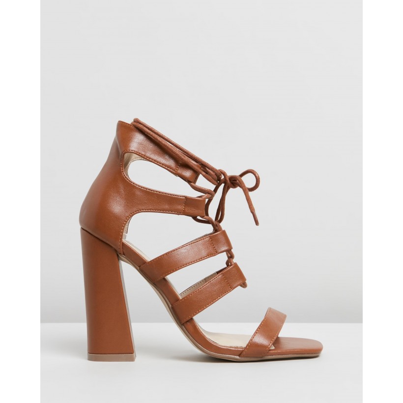 Ghille Flared Block Sandal Heels Tan by Missguided