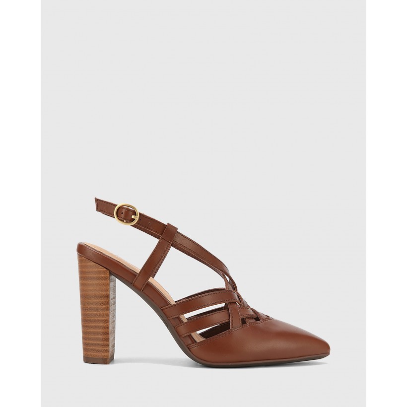 Hao Leather Pointed Toe Block Heels Brown by Wittner