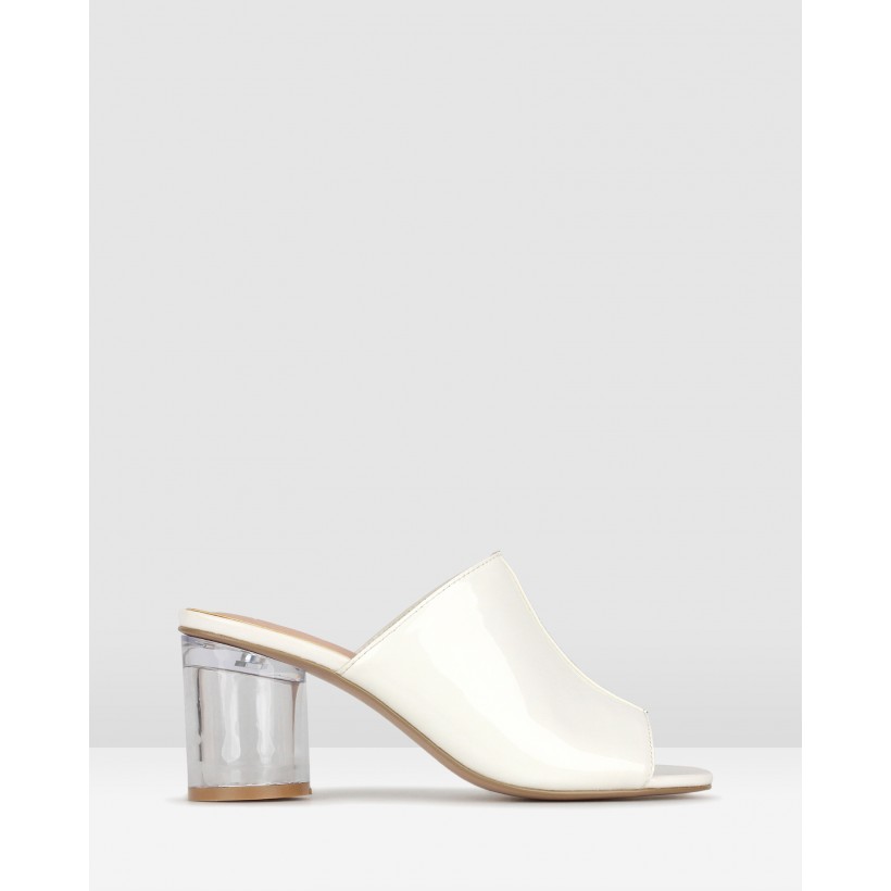 Icy Cylinder Heel Mules White Patent by Zu