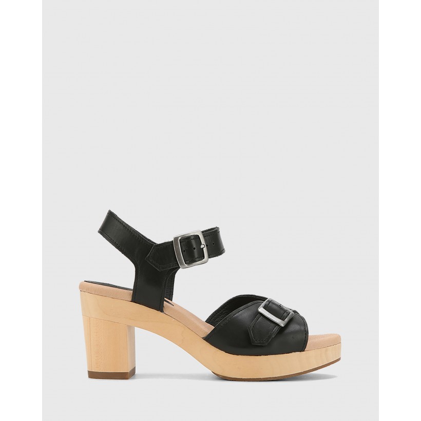 Kalika Leather Wooden Block Heel Sandals Black by Wittner | ShoeSales