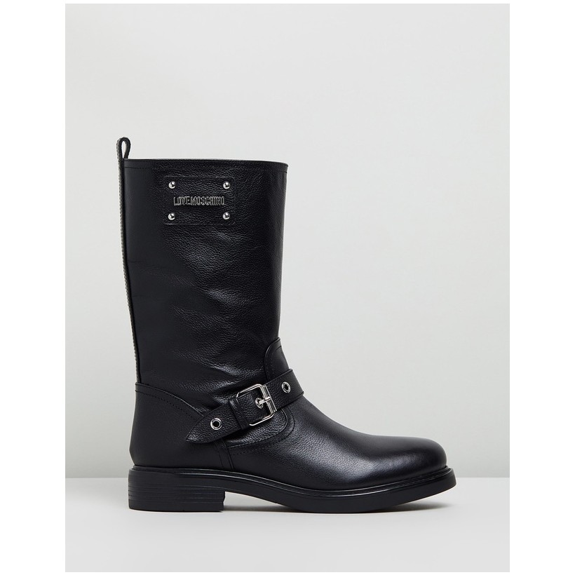 Leather Buckle Strap Boots Black by Love Moschino