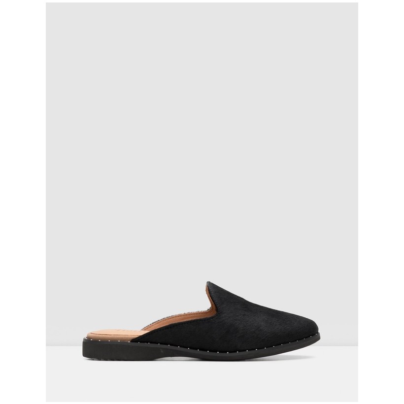 Madison Mule Flats Studded All Black Pony by Rollie