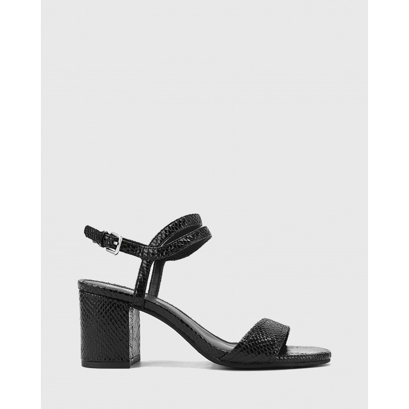 Neoma Mini Snake Print Leather Open Toe Block Heel Sandals Black by Wittner