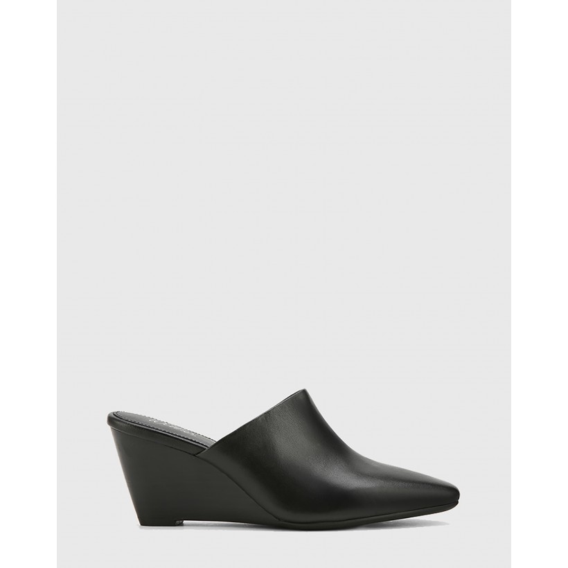 Polina Leather Snib Toe Wedge Mules Black by Wittner