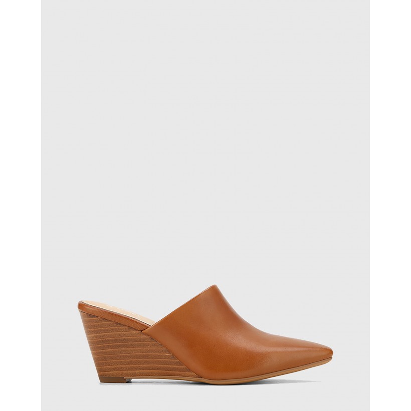 Polina Leather Snib Toe Wedge Mules Tan by Wittner