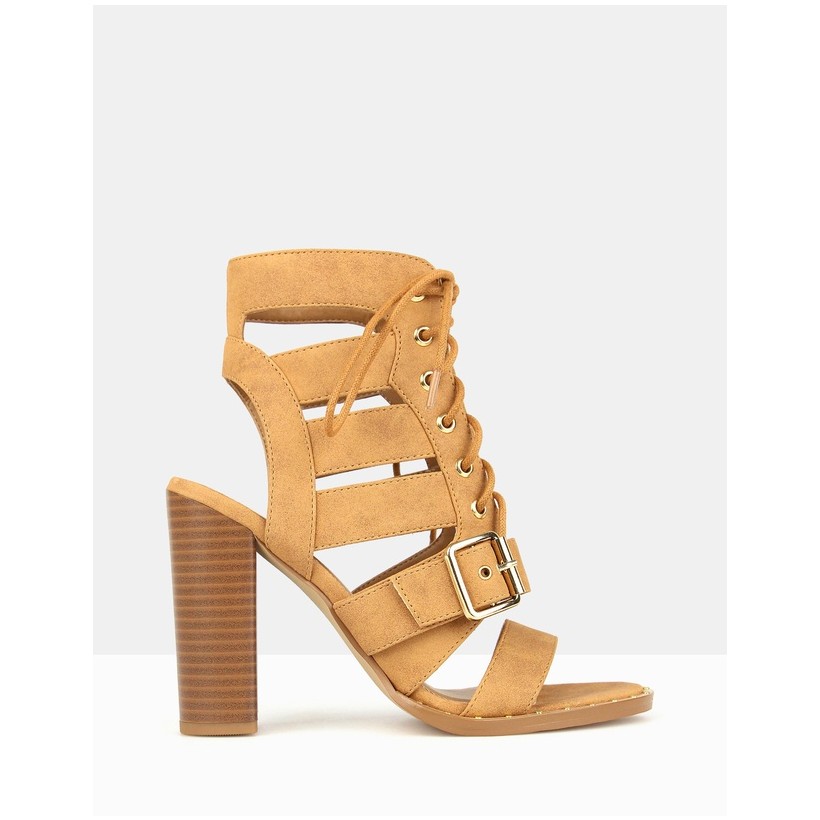 Respect Lace Up Block Heels Tan by Betts