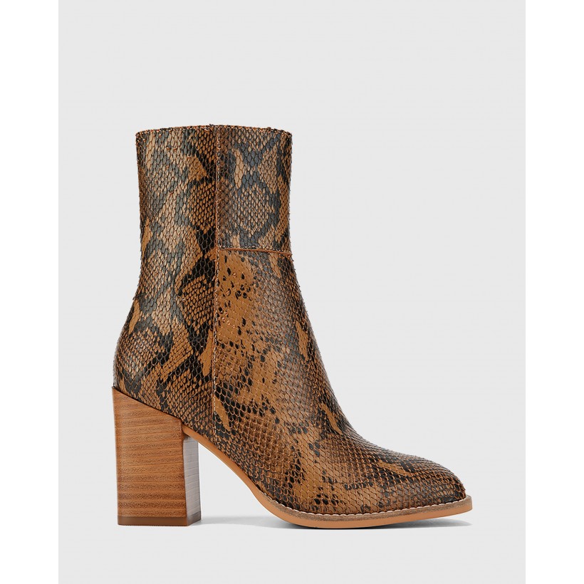 Sahara Snake Printed Leather Block Heel Ankle Boots Prints by Wittner