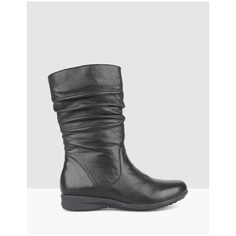 Tara Ruched Leather Calf Boots Black by Airflex