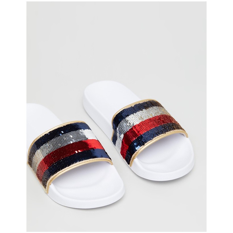 Tommy Sequins Pool Slides White by Tommy Hilfiger