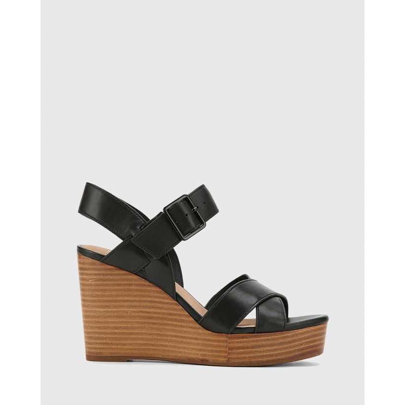 Vivia Leather Crossed Strap Open Toe Wedges Black by Wittner