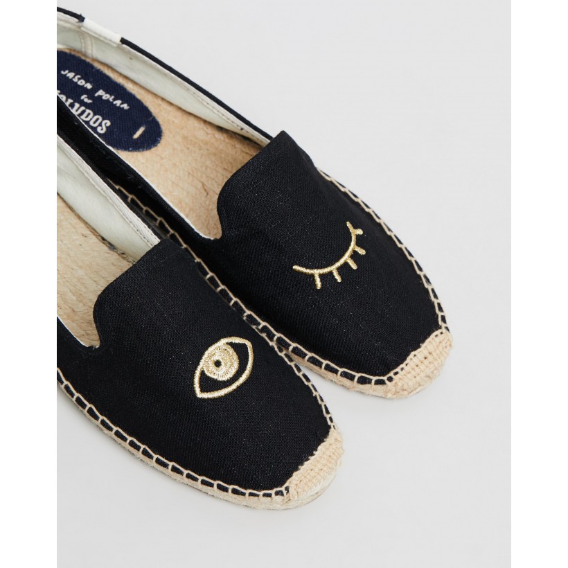 Wink Embroidery Slippers Black & Gold by Soludos