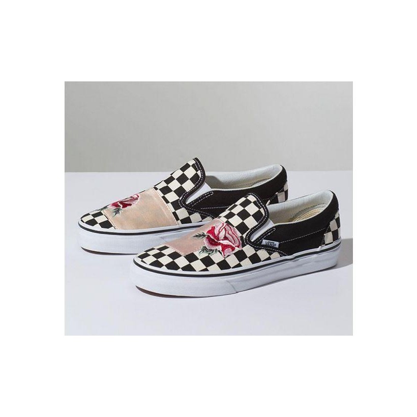 (Satin Patchwork) Checker/Rose - Classic Slip On Satin Patchwork Sale Shoes by Vans