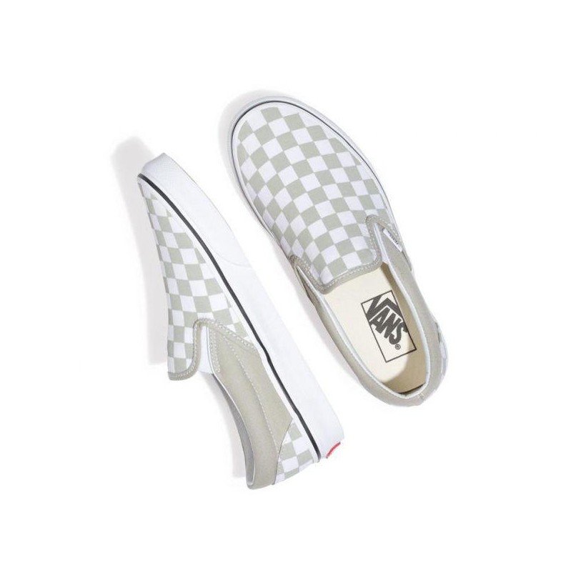 (Checkerboard) Desert Sage/True White - Classic Slip On Sale Shoes by Vans