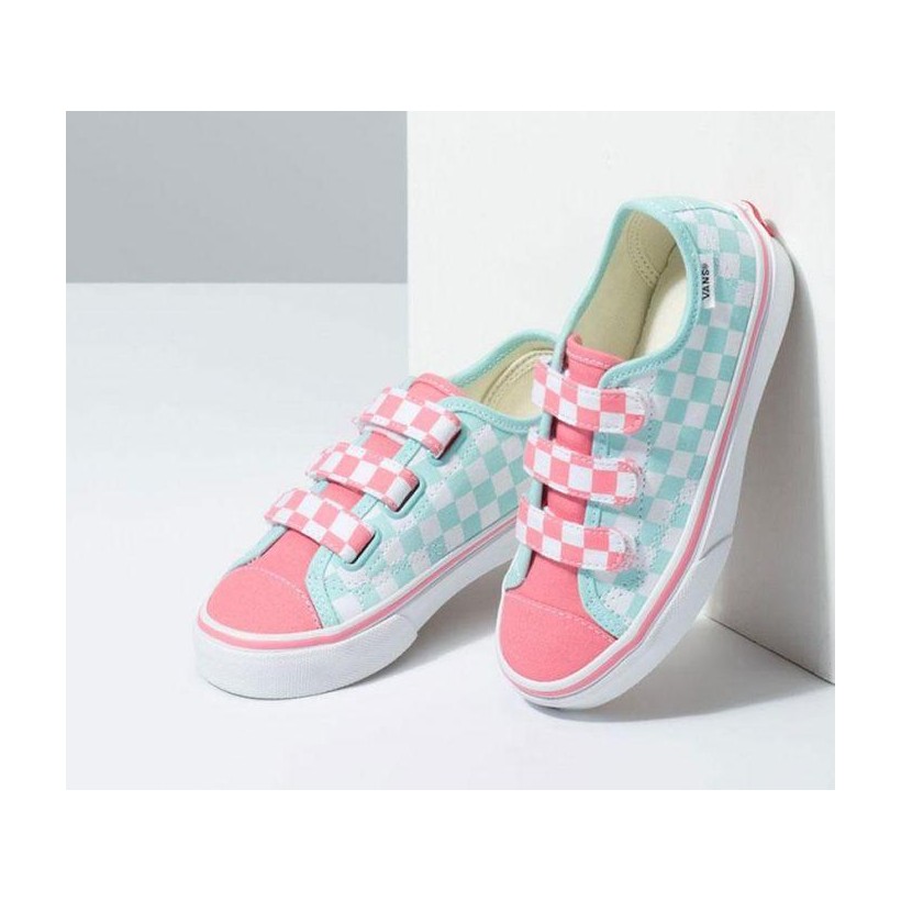 (Checkerboard) Blue Tint/Strawberry Pink - Kids Style 23 Velcro Checkerboard Blue/Pink Sale Shoes by Vans