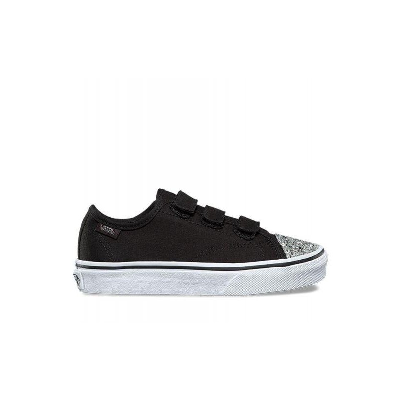 (Glitter Toe) Black/True White - Kids Style 23 Velcro Sale Shoes by Vans