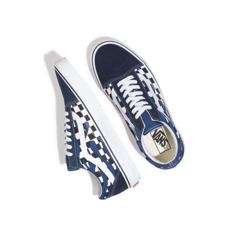 (Checker Flame) Navy/True White - Old Skool Checker Flame Sale Shoes by Vans