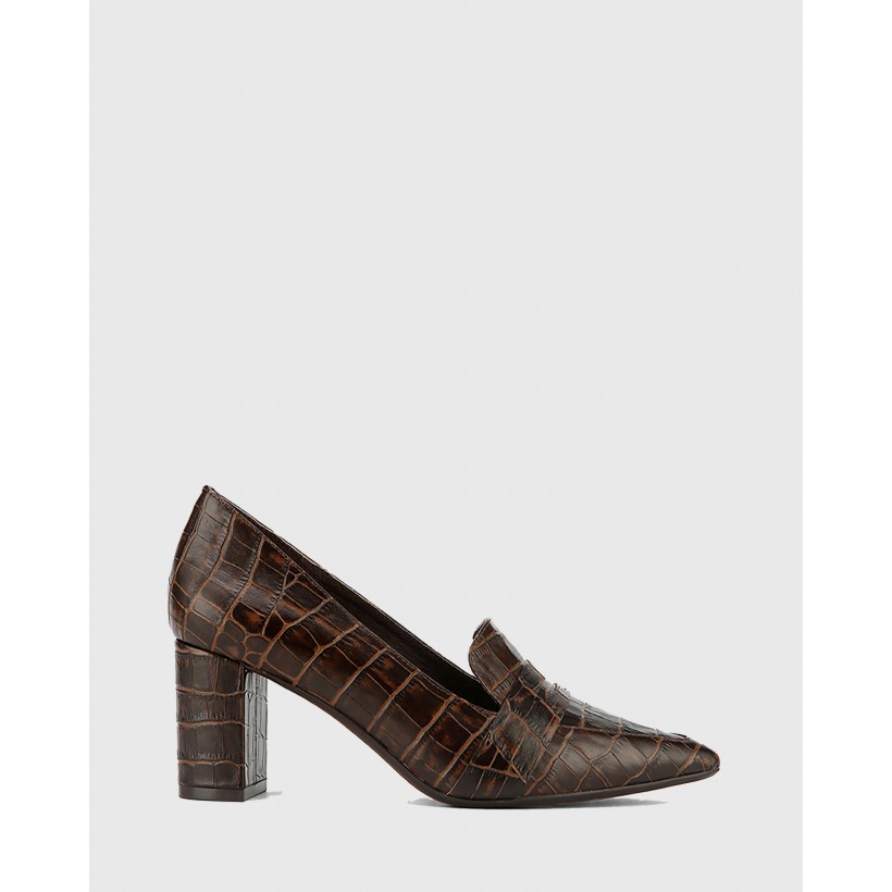 Donner Croc Leather Pointed Toe Block Heels Brown by Wittner