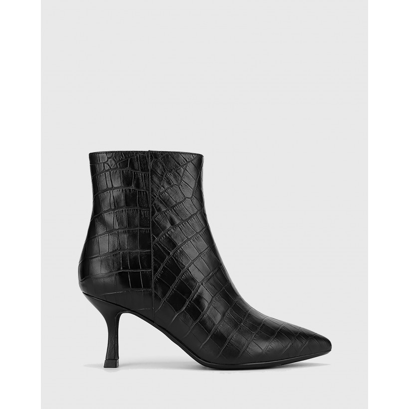 Derova Croc Print Leather Stiletto Heel Ankle Boots Black by Wittner