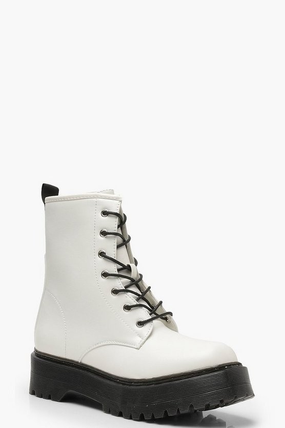 Chunky Lace Up Hiker Boots in White | ShoeSales