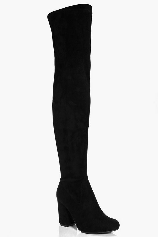 Eloise Block Heel Thigh High Boots in Black | ShoeSales