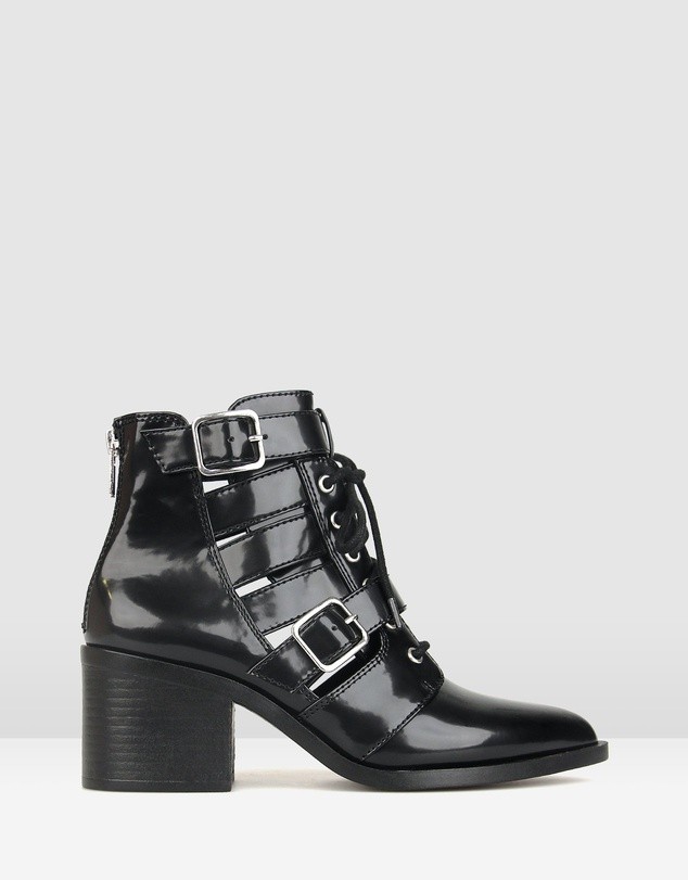 Kilter Pointed Buckle Ankle Boots Black Patent by Betts | ShoeSales