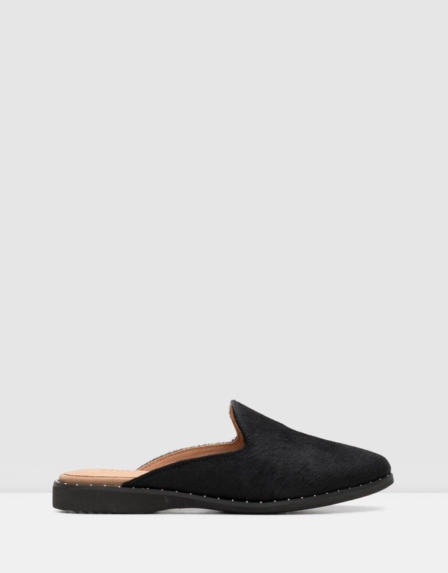 Madison Mule Flats Studded All Black Pony by Rollie | ShoeSales