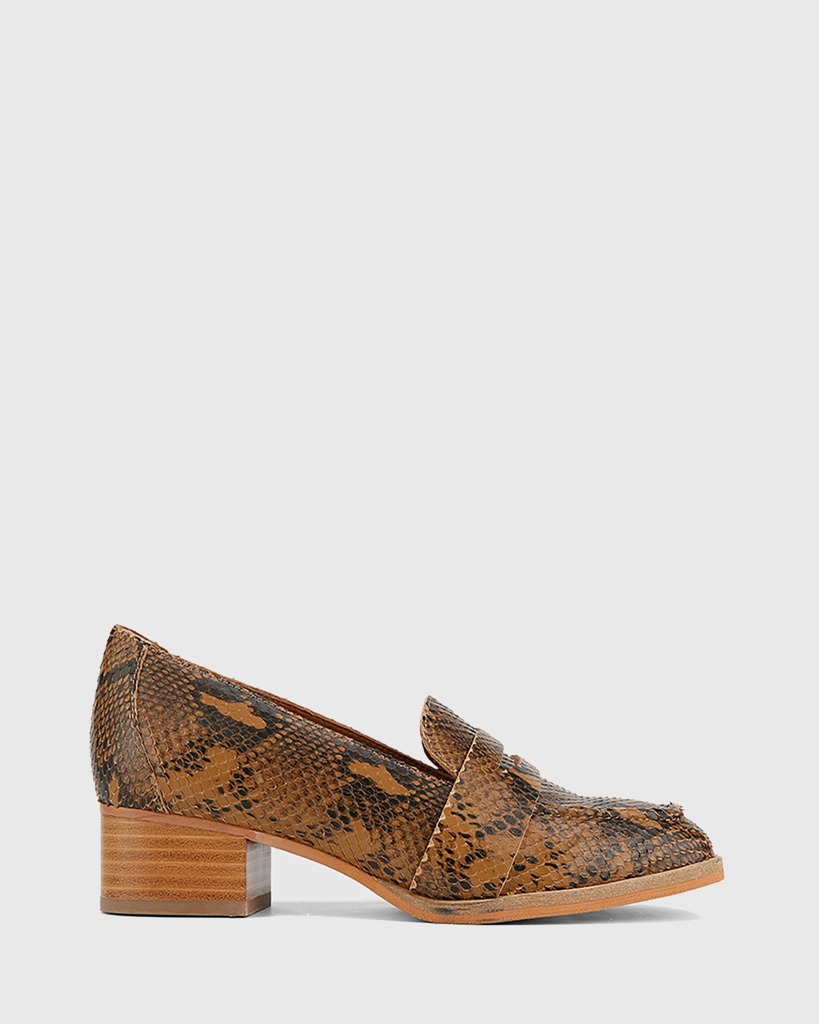 Fentis Snake Print Leather Block Heel Square Toe Loafers Tan by Wittner ...