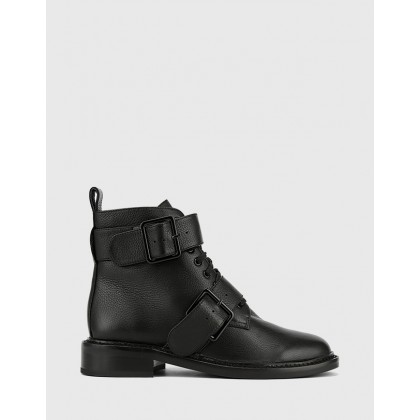Braiden Lace Up Flat Ankle Boots Black by Wittner