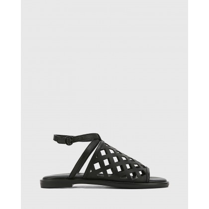 Cross Leather Laser Cut Ankle Strap Sandals Black by Wittner