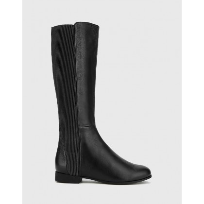 Drue Leather Stretch Knit Gusset Long Boots Black by Wittner