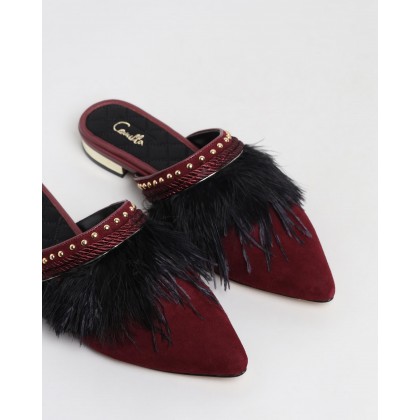 Feather Slippers Burgundy by Camilla