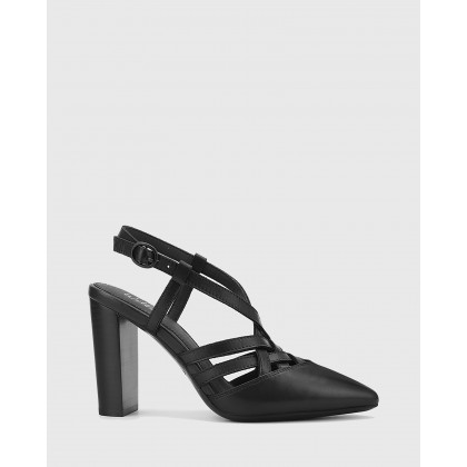 Hao Leather Pointed Toe Block Heels Black by Wittner