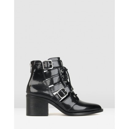 Kilter Pointed Buckle Ankle Boots Black Patent by Betts