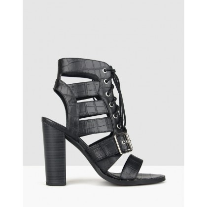 Respect Lace Up Block Heels Black Croc by Betts