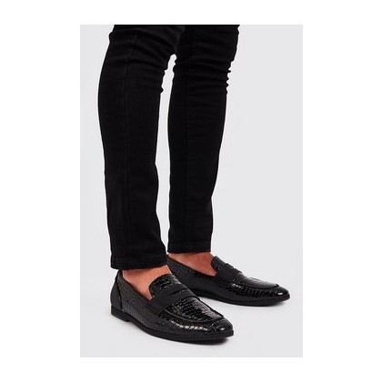 Faux Croc PU Patent Saddle Loafer in Black